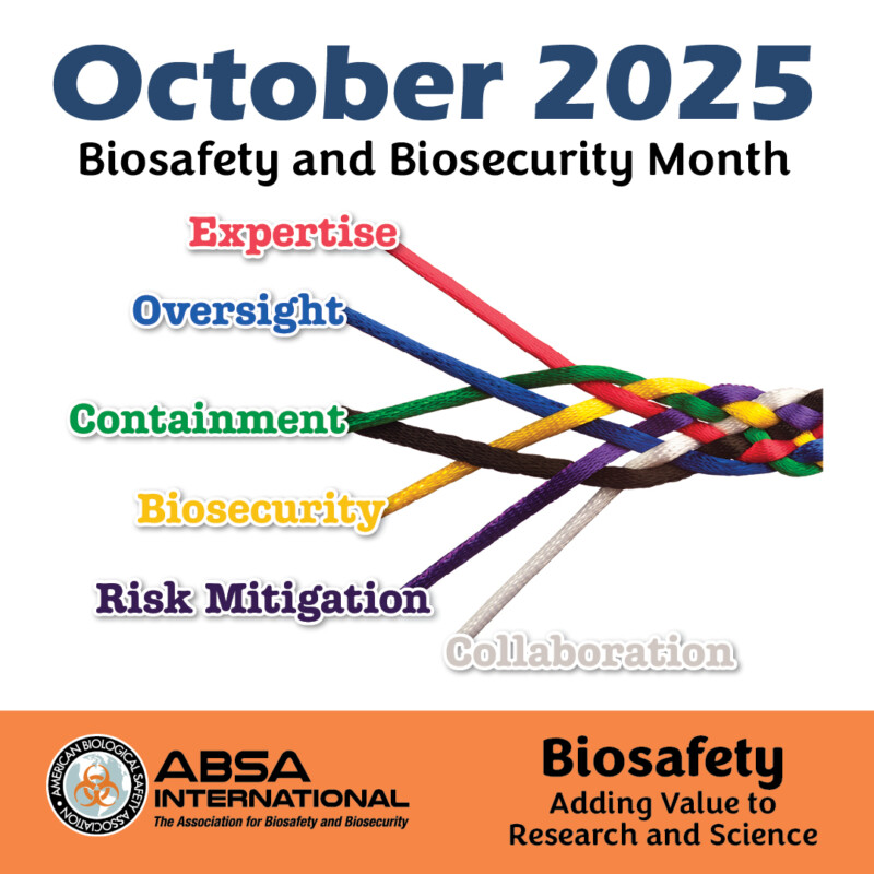 Six aspects of the Biosafety profession, expertise, oversight, containment, biosecurity,risk mitigation and collaboration are shown as different color strings being braided together